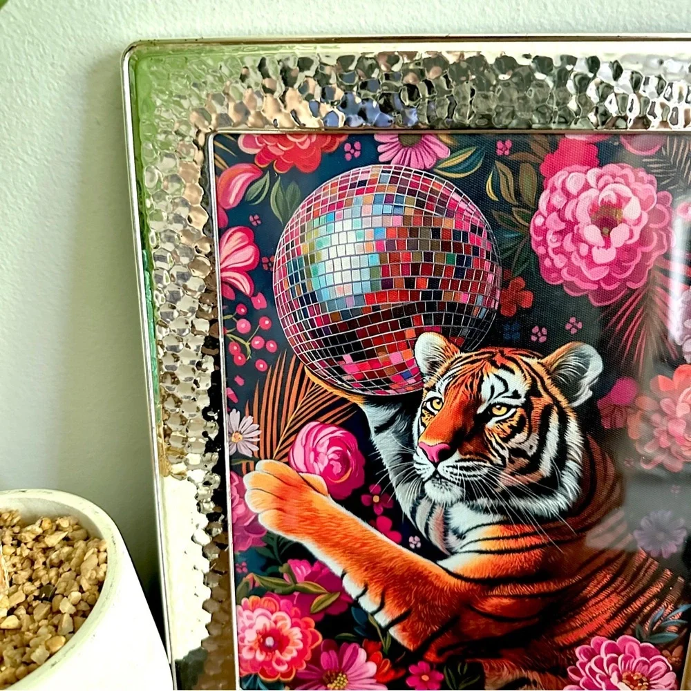 Disco Tiger Jungle Floral Colorful Canvas Art Print Silver Framed Art Big Cat
